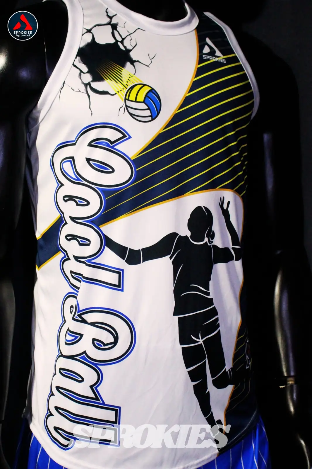 Finished black, white and yellow custom team apparel by Sprokies
